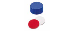 Tappo a vite blu 9/425 pieno con setto in Silicone bianco / PTFE rosso