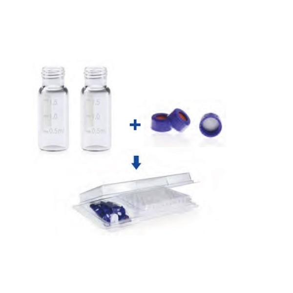 Kit vials 9/425 vetro bianco 1,5 ml. - ND 9 graduato + tappo forato con setto in silicone/PTFE