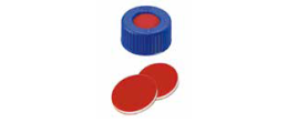 Tappo a vite blu 9/425 forato con setto in PTFE rosso/Silicone bianco/PTFE rosso