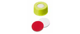 Tappo a vite giallo 9/425 forato con setto in Silicone bianco / PTFE rosso