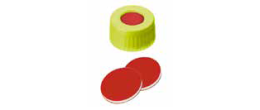 Tappo a vite giallo 9/425 forato con setto in PTFE rosso / Silicone bianco / PTFE rosso