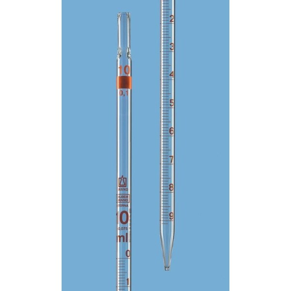 Pipetta in vetro graduata tipo 3 - ml. 10 divisione 1/10 in classe B - estremità superiore per tampone di cotone